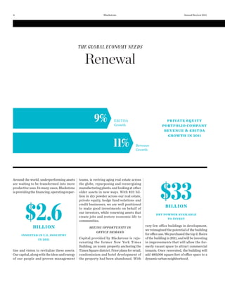 teams, is reviving aging real estate across
the globe, repurposing and reenergizing
manufacturing plants, and looking at other
older assets in new ways. With $33 bil-
lion in dry powder across our real estate,
private equity, hedge fund solutions and
credit businesses, we are well positioned
to make good investments on behalf of
our investors, while renewing assets that
create jobs and restore economic life to
communities.
SEEING OPPORTUNITY IN
OFFICE DEMAND
Capital provided by Blackstone is reju-
venating the former New York Times
Building, an iconic property anchoring the
Times Square district. Prior plans for retail,
condominium and hotel development of
the property had been abandoned. With
Around the world, underperforming assets
are waiting to be transformed into more
productive uses. In many cases, Blackstone
is providing the ﬁnancing, operating exper-
tise and vision to revitalize these assets.
Ourcapital,alongwiththeideasandenergy
of our people and proven management
THE GLOBAL ECONOMY NEEDS
Renewal
very few office buildings in development,
we reimagined the potential of the building
forofficeuse.Wepurchasedthetop11 ﬂoors
of the building in 2011, and will be investing
in improvements that will allow the for-
merly vacant space to attract commercial
tenants. Once renovated, the building will
add 480,000 square feet of office space to a
dynamic urban neighborhood.
9%
11%
private equity
portfolio company
revenue & ebitda
growth in 2011
$33BILLION
DRY POWDER AVAILABLE
TO INVEST$2.6BILLION
INVESTED IN U.S. INDUSTRY
IN 2011
EBITDA
Growth
Revenue
Growth
Annual Review 20116 Blackstone
 