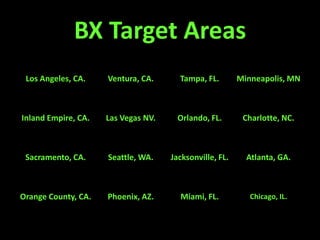 BX Target Areas
Los Angeles, CA.

Ventura, CA.

Tampa, FL.

Minneapolis, MN

Inland Empire, CA.

Las Vegas NV.

Orlando, FL.

Charlotte, NC.

Sacramento, CA.

Seattle, WA.

Jacksonville, FL.

Atlanta, GA.

Orange County, CA.

Phoenix, AZ.

Miami, FL.

Chicago, IL.

 