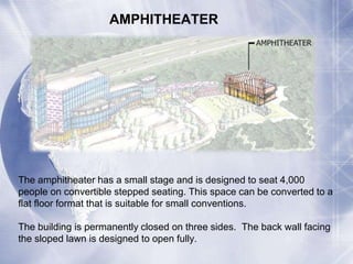 AMPHITHEATER 
The amphitheater has a small stage and is designed to seat 4,000 
people on convertible stepped seating. This space can be converted to a 
flat floor format that is suitable for small conventions. 
The building is permanently closed on three sides. The back wall facing 
the sloped lawn is designed to open fully. 
 