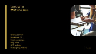 Plexo| 2018
G R O W T H
What we've done.
Utilsing content
Blackstone TV
Email campaigns
Blog Posts
SEO updates
Redesigning Website
 
