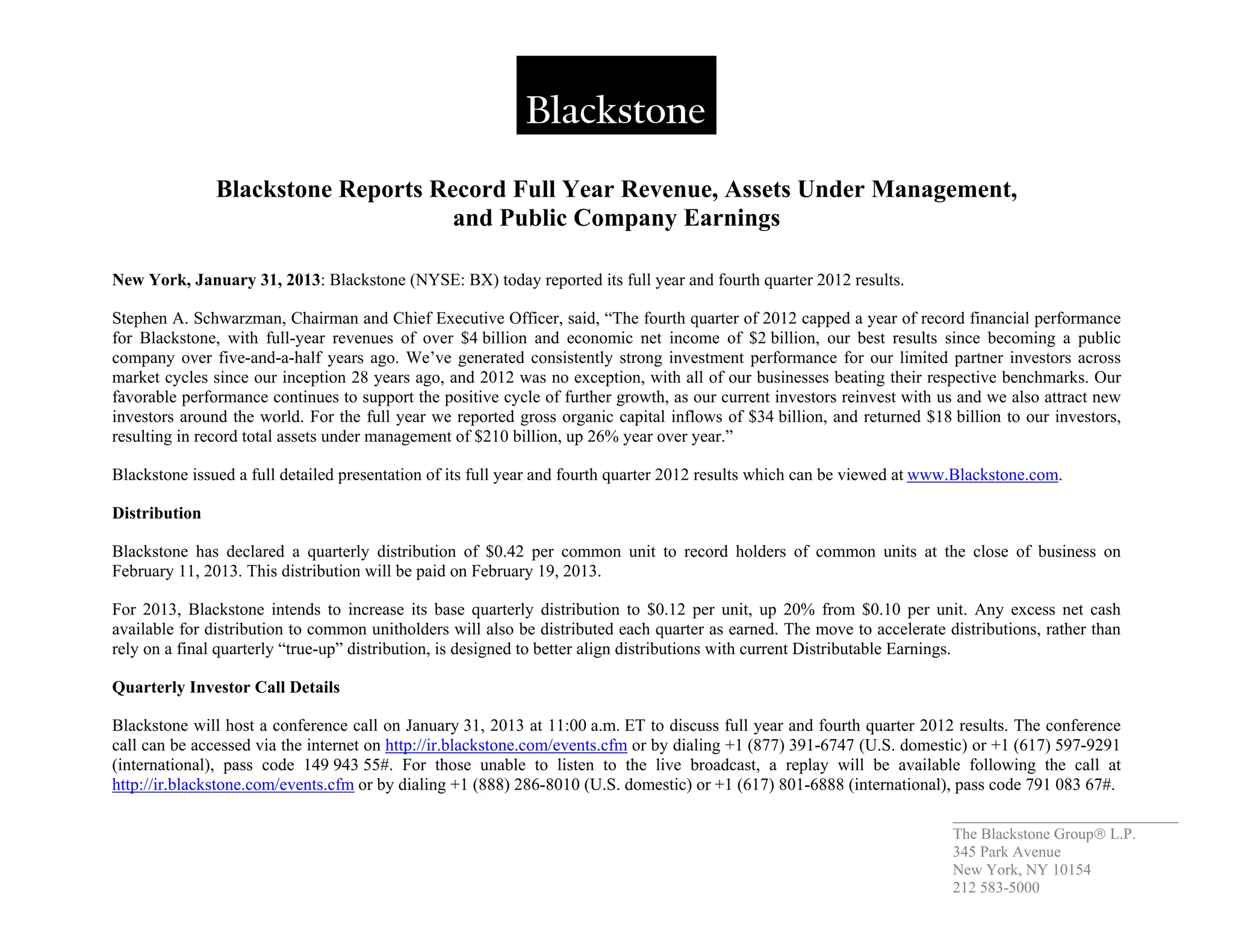 Blackstone Reports Record Full Year Revenue, Assets Under Management ...