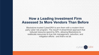 How a Leading Investment Firm
Assessed 3x More Vendors Than Before
Blackstone trusted CyberGRX to arm them with a modern third-
party cyber risk program. The result? A streamlined approach that
reduced resource spend by 50%, allowing Blackstone to
reallocate resources to true risk management, reduction, and
mitigation efforts - and that's not all.
 