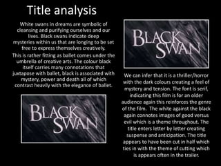 Title analysis 
White swans in dreams are symbolic of 
cleansing and purifying ourselves and our 
lives. Black swans indicate deep 
mysteries within us that are longing to be set 
free to express themselves creatively. 
This is rather fitting as ballet comes under the 
umbrella of creative arts. The colour black 
itself carries many connotations that 
juxtapose with ballet, black is associated with 
mystery, power and death all of which 
contrast heavily with the elegance of ballet. 
We can infer that it is a thriller/horror 
with the dark colours creating a feel of 
mystery and tension. The font is serif, 
indicating this film is for an older 
audience again this reinforces the genre 
of the film. The white against the black 
again connotes images of good versus 
evil which is a theme throughout. The 
title enters letter by letter creating 
suspense and anticipation. The title 
appears to have been cut in half which 
ties in with the theme of cutting which 
is appears often in the trailer. 
 