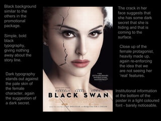 Black background      The crack in her
similar to the        face suggests that
others in the         she has some dark
promotional           secret that she is
package.              hiding and that is
                      coming to the
Simple, bold          surface.
black
typography,            Close up of the
giving nothing         female protagonist,
away about the         heavily made up,
story line.            again re-enforcing
                       the idea that we
                       are not seeing her
Dark typography        ‘real’ features.
stands out against
the pale skin of
the female
                     Institutional information
character, again
                     at the bottom of the
the suggestion of
                     poster in a light coloured
a dark secret.
                     font - barely noticeable.
 