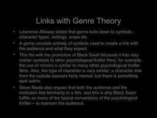 Links with Genre Theory
• Lawrence Alloway states that genre boils down to symbols -
  character types, settings, props etc.
• A genre consists entirely of symbols used to create a link with
  the audience and what they expect.
• This fits with the promotion of Black Swan because it has very
  similar symbols to other psychological thriller films; for example,
  the use of mirrors is similar to many other psychological thriller
  films. Also, the type of character is very similar; a character that
  from the outside appears fairly normal, but there is something
  dark within.
• Steve Neale also argues that both the audience and the
  institution like familiarity in a film, and this is why Black Swan
  fulfills so many of the typical conventions of the psychological
  thriller – to maintain the audience.
 