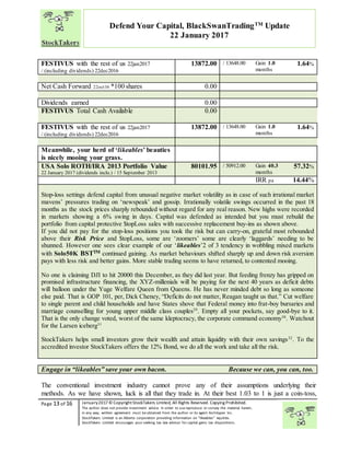 “
Page 13 of 16 January2017© CopyrightStockTakers Limited, All Rights Reserved. Copying Prohibited.
The author does not provide investment advice. In order to use reproduce or convey the material herein,
in any way, written agreement must be obtained from the author or its agent Architypes Inc.
StockTakers Limited is an Alberta corporation providing information on “likeables” equities.
StockTakers Limited encourages your seeking tax law advisor for capital gains tax dispositions.
Defend Your Capital, BlackSwanTradingTM
Update
22 January 2017
FESTIVUS with the rest of us 22jan2017
/ (including dividends) 22dec2016
13872.00 / 13648.00 Gain 1.0
months
1.64%
Net Cash Forward 22oct16 *100 shares 0.00
Dividends earned 0.00
FESTIVUS Total Cash Available 0.00
FESTIVUS with the rest of us 22jan2017
/ (including dividends) 22dec2016
13872.00 / 13648.00 Gain 1.0
months
1.64%
Meanwhile, your herd of ‘likeables’ beauties
is nicely mooing your grass.
USA Solo ROTH/IRA 2013 Portfolio Value
22 January 2017 (dividends inclu.) / 15 September 2013
80101.95 / 50912.00 Gain 40.3
months
57.32%
IRR pa 14.44%
Stop-loss settings defend capital from unusual negative market volatility as in case of such irrational market
mavens’ pressures trading on ‘newspeak’ and gossip. Irrationally volatile swings occurred in the past 18
months as the stock prices sharply rebounded without regard for any real reason. New highs were recorded
in markets showing a 6% swing in days. Capital was defended as intended but you must rebuild the
portfolio from capital protective $topLoss sales with successive replacement buy-ins as shown above.
If you did not pay for the stop-loss positions you took the risk but can carry-on, grateful most rebounded
above their Risk Price and $topLoss, some are ‘zoomers’ some are clearly ‘laggards’ needing to be
shunned. However one sees clear example of our ‘likeables’2 of 3 tendency in wobbling mixed markets
with Solo50K BSTTM continued gaining. As market behaviours shifted sharply up and down risk aversion
pays with less risk and better gains. More stable trading seems to have returned, to contented mooing.
No one is claiming DJI to hit 20000 this December, as they did last year. But feeding frenzy has gripped on
promised infrastructure financing, the XYZ-millenials will be paying for the next 40 years as deficit debts
will balloon under the Yuge Welfare Queen from Queens. He has never minded debt so long as someone
else paid. That is GOP 101, per, Dick Cheney, “Deficits do not matter, Reagan taught us that.” Cut welfare
to single parent and child households and have States shove that Federal money into frat-boy bursaries and
marriage counselling for young upper middle class couples29
. Empty all your pockets, say good-bye to it.
That is the only change voted, worst of the same kleptocracy, the corporate command economy30
. Watchout
for the Larsen iceberg31
StockTakers helps small investors grow their wealth and attain liquidity with their own savings32
. To the
accredited investor StockTakers offers the 12% Bond, we do all the work and take all the risk.
Engage in “likeables” save your own bacon. Because we can, you can, too.
The conventional investment industry cannot prove any of their assumptions underlying their
methods. As we have shown, luck is all that they trade in. At their best 1.03 to 1 is just a coin-toss,
 