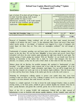 “
Page 8 of 16 January2017© CopyrightStockTakers Limited, All Rights Reserved. Copying Prohibited.
The author does not provide investment advice. In order to use reproduce or convey the material herein,
in any way, written agreement must be obtained from the author or its agent Architypes Inc.
StockTakers Limited is an Alberta corporation providing information on “likeables” equities.
StockTakers Limited encourages your seeking tax law advisor for capital gains tax dispositions.
Defend Your Capital, BlackSwanTradingTM
Update
22 January 2017
gain of at least 49 on short sell and 56 long, as
we hold. Good firm placing itself in good
capital position for surge in water
infrastructure purchasing, as the world expands
its needs for water treatment and old systems
replacement. $49.0 stoplost 12jan17
in showinghealthyuse of in-handcash
capitalizing the firm innovation. Next up Q3
report release will be 01nov16.
The market liked the quarterlyreport,
gainingshare price right throughelection
dyspepsia. What willhe, won’t he, sayor
do next moment after this, drainthe
morass or grabit, spread it all over the
land. Looks like a mudslide as the bottom
feeders fillup the swampfor a quagmire!
Solo 50K 2012 Portfolio Value (StopLoss tended -
incl. Dividends) 22 January 2017/ 30 November 2012
86208.00 / 43465.00 Gain 49.7
months
98.34%
IRR pa 17.98%
Removal of Quantitative Eating combined with oil and gas bloat made unusual down-side
volatility in all markets this past 2 years. To that adjustment older Greece and newer China issues
added spooky gossip, a ‘sea-change’, of stoplosses were triggered by a trope of managers who
cannot figure out where they are. Price ratios are meaningless confusion26 but well enough a
crutch.
Fundamentals of consumer spending, cars and house prices all rose while the managers threw your
money on the dice floor. We can buy back ‘likeables’ at lower prices and recover. Stock Prices
rebounded well above the prior stoploss again indicating less tight stops should be used again. The
normal mooing of herds grazing has returned. With our ‘likeables’ we can benefit most from the
fluttering of uncertainty in the market that is made by ‘active’ fund managers who have no
direction, no compass, as they lose the cache of their clients in their churn for their fees income.
Balance sheets did not flip-flop, but portfolio managers did, unrelated to ‘fundamentals’ of value
investing27. Our tighter $toploss values reduced risk of loss while the bears grumbled. All of the
stocks in our public portfolios28 simply rebounded, much higher. Few can still be bought back for
less than they stopped out weeks ago even as the markets regain confidence. Take the bonus when
it is there and buy those back. Staying in the market gets the rise as the tide swell comes in.
Skimming for advantageous collaring options to protect your capital takes time, away from
working at what you know you do best. Collaring of options can be very useful in added gains but
it requires a lot more attention than small investors can lavish.
Stoploss is a simpler approach. It is time to loosen the easily managed $toploss values as positive
mooing returns, as the bears picnic, rebuild for gain as markets liquidity has returned. Price has no
mass - gossip fluctuates and gyrates like a dervish, gravity less so but we know more about it.
Most of the US is nearing NAIRU full employment. Political shift to fuller renewal of
infrastructure is now at forefront with income equality initiatives. All the ‘canards’ must walk the
 