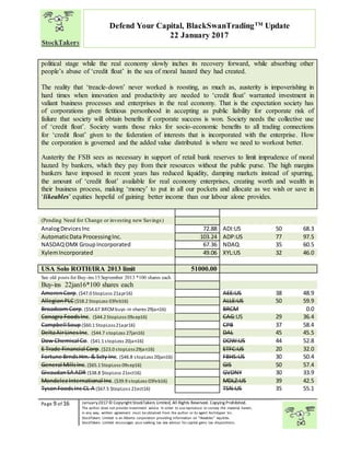 “
Page 9 of 16 January2017© CopyrightStockTakers Limited, All Rights Reserved. Copying Prohibited.
The author does not provide investment advice. In order to use reproduce or convey the material herein,
in any way, written agreement must be obtained from the author or its agent Architypes Inc.
StockTakers Limited is an Alberta corporation providing information on “likeables” equities.
StockTakers Limited encourages your seeking tax law advisor for capital gains tax dispositions.
Defend Your Capital, BlackSwanTradingTM
Update
22 January 2017
political stage while the real economy slowly inches its recovery forward, while absorbing other
people’s abuse of ‘credit float’ in the sea of moral hazard they had created.
The reality that ‘treacle-down’ never worked is roosting, as much as, austerity is impoverishing in
hard times when innovation and productivity are needed to ‘credit float’ warranted investment in
valiant business processes and enterprises in the real economy. That is the expectation society has
of corporations given fictitious personhood in accepting as public liability for corporate risk of
failure that society will obtain benefits if corporate success is won. Society needs the collective use
of ‘credit float’. Society wants those risks for socio-economic benefits to all trading connections
for ‘credit float’ given to the federation of interests that is incorporated with the enterprise. How
the corporation is governed and the added value distributed is where we need to workout better.
Austerity the FSB sees as necessary in support of retail bank reserves to limit imprudence of moral
hazard by bankers, which they pay from their resources without the public purse. The high margins
bankers have imposed in recent years has reduced liquidity, damping markets instead of spurring,
the amount of ‘credit float’ available for real economy enterprises, creating worth and wealth in
their business process, making ‘money’ to put in all our pockets and allocate as we wish or save in
‘likeables’ equities hopeful of gaining better income than our labour alone provides.
(Pending Need for Change or investing new Savings)
AnalogDevicesInc 72.88 ADI:US 50 68.3
AutomaticData ProcessingInc. 103.24 ADP:US 77 97.5
NASDAQOMX GroupIncorporated 67.36 NDAQ 35 60.5
XylemIncorporated 49.06 XYL:US 32 46.0
USA Solo ROTH/IRA 2013 limit 51000.00
See old posts for Buy-ins 15 September 2013 *100 shares each
Buy-ins 22jan16*100 shares each
AmerenCorp. ($47.0 StopLoss 21apr16) AEE:US 38 48.9
AllegionPLC($58.2 StopLoss 03feb16) ALLE:US 50 59.9
Broadcom Corp.($54.67 BRCMbuys-in shares 29jan16) BRCM 0.0
Conagra FoodsInc. ($44.2 StopLoss 09sep16) CAG:US 29 36.4
Campbell Soup ($60.1 StopLoss21apr16) CPB 37 58.4
DeltaAirLinesInc. ($44.7 stopLoss 27jan16) DAL 45 45.5
Dow Chemical Co. ($41.1 stopLoss 20jan16) DOW:US 44 52.8
E Trade Financial Corp. ($23.0 stopLoss29jan16) ETFC:US 20 32.0
Fortune BrndsHm. & Scty Inc. ($46.8 stopLoss 20jan16) FBHS:US 30 50.4
General MillsInc.($65.1 StopLoss 09sep16) GIS 50 57.4
GivaudanSA ADR ($38.8 $topLoss 21oct16) GVDNY 30 33.9
MondelezInternational Inc.($39.9 stopLoss 03feb16) MDLZ:US 39 42.5
TysonFoodsInc CL A ($67.5 $topLoss 21oct16) TSN:US 35 55.1
 