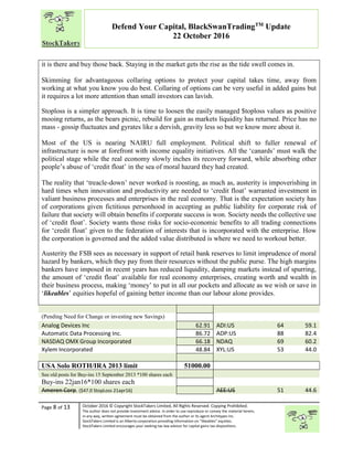 “
Page 8 of 13 October 2016 © Copyright StockTakers Limited, All Rights Reserved. Copying Prohibited.
The author does not provide investment advice. In order to use reproduce or convey the material herein,
in any way, written agreement must be obtained from the author or its agent Architypes Inc.
StockTakers Limited is an Alberta corporation providing information on “likeables” equities.
StockTakers Limited encourages your seeking tax law advisor for capital gains tax dispositions.
Defend Your Capital, BlackSwanTradingTM
Update
22 October 2016
it is there and buy those back. Staying in the market gets the rise as the tide swell comes in.
Skimming for advantageous collaring options to protect your capital takes time, away from
working at what you know you do best. Collaring of options can be very useful in added gains but
it requires a lot more attention than small investors can lavish.
Stoploss is a simpler approach. It is time to loosen the easily managed $toploss values as positive
mooing returns, as the bears picnic, rebuild for gain as markets liquidity has returned. Price has no
mass - gossip fluctuates and gyrates like a dervish, gravity less so but we know more about it.
Most of the US is nearing NAIRU full employment. Political shift to fuller renewal of
infrastructure is now at forefront with income equality initiatives. All the ‘canards’ must walk the
political stage while the real economy slowly inches its recovery forward, while absorbing other
people’s abuse of ‘credit float’ in the sea of moral hazard they had created.
The reality that ‘treacle-down’ never worked is roosting, as much as, austerity is impoverishing in
hard times when innovation and productivity are needed to ‘credit float’ warranted investment in
valiant business processes and enterprises in the real economy. That is the expectation society has
of corporations given fictitious personhood in accepting as public liability for corporate risk of
failure that society will obtain benefits if corporate success is won. Society needs the collective use
of ‘credit float’. Society wants those risks for socio-economic benefits to all trading connections
for ‘credit float’ given to the federation of interests that is incorporated with the enterprise. How
the corporation is governed and the added value distributed is where we need to workout better.
Austerity the FSB sees as necessary in support of retail bank reserves to limit imprudence of moral
hazard by bankers, which they pay from their resources without the public purse. The high margins
bankers have imposed in recent years has reduced liquidity, damping markets instead of spurring,
the amount of ‘credit float’ available for real economy enterprises, creating worth and wealth in
their business process, making ‘money’ to put in all our pockets and allocate as we wish or save in
‘likeables’ equities hopeful of gaining better income than our labour alone provides.
(Pending Need for Change or investing new Savings)
Analog Devices Inc 62.91 ADI:US 64 59.1
Automatic Data Processing Inc. 86.72 ADP:US 88 82.4
NASDAQ OMX Group Incorporated 66.18 NDAQ 69 60.2
Xylem Incorporated 48.84 XYL:US 53 44.0
USA Solo ROTH/IRA 2013 limit 51000.00
See old posts for Buy-ins 15 September 2013 *100 shares each
Buy-ins 22jan16*100 shares each
Ameren Corp. ($47.0 StopLoss 21apr16) AEE:US 51 44.6
 