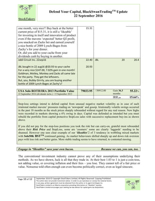 “
Page 10 of 12 September 2016 © Copyright StockTakers Limited, All Rights Reserved. Copying Prohibited.
The author does not provide investment advice. In order to use reproduce or convey the material herein,
in any way, written agreement must be obtained from the author or its agent Architypes Inc.
StockTakers Limited is an Alberta corporation providing information on “likeables” equities.
StockTakers Limited encourages your seeking tax law advisor for capital gains tax dispositions.
Defend Your Capital, BlackSwanTradingTM
Update
22 September 2016
one month, very nice!! Buy back at the better
current price of $15.31, it is still a ‘likeable’
for investing in itself and innovation of product
even if the mavens ‘expected’ better Q2 profit,
you snacked on Zacks bet and earned yourself
a nice bottle of 2009 Lynch-Bages from
Zachy’s for your dinner.
Or, did you add to your cache from your
dividends cash by buying in another.
15.31
Jabil Circuit Inc. 22sep16
JBL bought-in 22 aug16 @20.93 to your cache
For a very nice $147.00, 7.02% gain in one month!
Goldman, Motley, Monkey and Zacks all came late
for the party. They get the leftovers.
But, you, Bubby Girrrly, you are buying another
bottle of 2009 Lynch-Bages at Zachy’s?
22.40
20.93
JBL 20 20.4
USA Solo ROTH/IRA 2013 Portfolio Value
22 September 2016 (dividends inclu.) / 15 September 2013
79033.95 / 50912.00 Gain 36.3
months
55.22%
IRR pa 15.64%
Stop-loss settings intend to defend capital from unusual negative market volatility as in case of such
irrational market mavens’ pressures trading on ‘newspeak’ and gossip. Irrationally volatile swings occurred
in the past 18 months as the stock prices sharply rebounded without regard for any real reason. New highs
were recorded in markets showing a 6% swing in days. Capital was defended as intended but you must
rebuild the portfolio from capital protective $topLoss sales with successive replacement buy-ins as shown
above.
If you did not pay for the stop-loss positions you took the risk but can carry-on, grateful most rebounded
above their Risk Price and $topLoss, some are ‘zoomers’ some are clearly ‘laggards’ needing to be
shunned. However one sees clear example of our ‘likeables’2 of 3 tendency in wobbling mixed markets
with Solo50K BSTTM continued gaining. As market behaviours shifted sharply up and down risk aversion
pays with less risk and better gains. More stable trading seems to have returned, to contented mooing.
Engage in “likeables” save your own bacon. Because we can, you can, too.
The conventional investment industry cannot prove any of their assumptions underlying their
methods. As we have shown, luck is all that they trade in. At their best 1.03 to 1 is just a coin-toss,
not adding value, or covering inflation and their fees – you lose. They cannot tell of a fair price or
value. Nonsense told often enough can even become politically correct, even as legal sinecure.
 