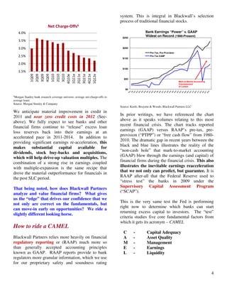 4
1.5%
2.0%
2.5%
3.0%
3.5%
4.0% 1Q09
2Q09
3Q09
4Q09
1Q10
2Q10
3Q10
4Q10e
1Q11e
2Q11e
3Q11e
4Q11e
1Q12e
Net Charge-Offs6
6
Morgan Stanley bank research coverage universe; average net-charge-offs to
average loans
Source: Morgan Stanley & Company
We anticipate material improvement in credit in
2011 and near zero credit costs in 2012 (See-
above). We fully expect to see banks and other
financial firms continue to “release” excess loan
loss reserves back into their earnings at an
accelerated pace in 2011-2014. In addition to
providing significant earnings re-acceleration, this
makes substantial capital available for
dividends, stock buy-backs and acquisitions,
which will help drive-up valuation multiples. The
combination of a strong rise in earnings coupled
with multiple-expansion is the same recipe that
drove the material outperformance for financials in
the post SLC period.
That being noted, how does Blackwall Partners
analyze and value financial firms? What gives
us the “edge” that drives our confidence that we
not only are correct on the fundamentals, but
can move-in early on opportunities? We ride a
slightly different looking horse.
How to ride a CAMEL
Blackwall Partners relies more heavily on financial
regulatory reporting or (RAAP) much more so
than generally accepted accounting principles
known as GAAP. RAAP reports provide to bank
regulators more granular information, which we use
for our proprietary safety and soundness rating
system. This is integral in Blackwall’s selection
process of traditional financial stocks.
$0
$50
$100
$150
$200
$250
Pre-Tax, Pre-Provision
Pre-Tax GAAP
Bank Earnings “Power” v. GAAP
Widest on Record (1980-Present)
Mark-to-Market Accounting
Overstatement
of Losses
Source: Keefe, Bruyette & Woods; Blackwall Partners LLC
In prior writings, we have referenced the chart
above as it speaks volumes relating to this most
recent financial crisis. The chart tracks reported
earnings (GAAP) versus RAAP’s pre-tax, pre-
provision (“PTPP”) or “free cash flow” from 1980-
2010. The dramatic gap in recent years between the
black and blue lines illustrates the reality of the
“non-cash hole” that mark-to-market accounting
(GAAP) blew through the earnings (and capital) of
financial firms during the financial crisis. This also
illustrates the inevitable earnings reacceleration
that we not only can predict, but guarantee. It is
RAAP after-all that the Federal Reserve used to
“stress test” the banks in 2009 under the
Supervisory Capital Assessment Program
(“SCAP”).
This is the very same test the Fed is performing
right now to determine which banks can start
returning excess capital to investors. The “test”
criteria studies five core fundamental factors from
which it gets its acronym – CAMEL
C - Capital Adequacy
A - Asset Quality
M - Management
E - Earnings
L - Liquidity
 