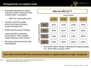 Perspectives on capital costs

    •    Blackwater development capital                                                                                                       After-tax IRR (%)(1)(2)
         cost of $1.8 billion inclusive of 24%,
         or $346 million, contingency                                                                                                                       Gold price ($/oz)

            –      $227 per recoverable ounce                                                                                                $1,275      $1,600                $1,775                     $1,800

    •    Costed in mid-2012 capital
         environment assuming parity




                                                                                            Development capital ($ billions)
                                                                                                                                   $1.5      18.1%       27.5%                 31.8%                      32.5%
         foreign exchange rate

    •    Capital intensity may be abating                                                                                          $1.6      16.6%       25.4%                 29.6%                      30.2%

    •    Large diversified companies,
         accounting for ~55% of global                                                                                             $1.7      15.2%       23.6%                 27.6%                      28.2%
         capital, delaying certain projects

    •    Oil sands project expansions also                                                                                         $1.8      14.0%       22.0%                 25.8%                      26.4%
         being delayed
                                                                                                                               •    Each $100 million change in development capital equates
                                                                                                                                    to a ~$100 million change in NPV


        New Gold could benefit from announced delays in capital projects of major companies

Note:     1. Refer to Cautionary Statement and note on Total cash costs and PEA additional cautionary note.
          2. IRR calculated to beginning of construction period in 2015.



                                                                                                                                                             Blackwater PEA Investor/Analyst Breakfast | September 2012   12 12
 