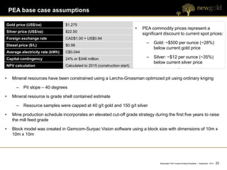 PEA base case assumptions

Gold price (US$/oz)              $1,275
                                                                           •   PEA commodity prices represent a
Silver price (US$/oz)            $22.50
                                                                               significant discount to current spot prices:
Foreign exchange rate            CAD$1.00 = US$0.94
                                                                                 –   Gold: ~$500 per ounce (~28%)
Diesel price ($/L)               $0.98
                                                                                     below current gold price
Average electricity rate (kWh)   C$0.044
Capital contingency              24% or $346 million                             –   Silver: ~$12 per ounce (~35%)
                                                                                     below current silver price
NPV calculation                  Calculated to 2015 (construction start)


•    Mineral resources have been constrained using a Lerchs-Grossman optimized pit using ordinary kriging

       –   Pit slope – 40 degrees

•    Mineral resource is grade shell contained estimate

       –   Resource samples were capped at 40 g/t gold and 150 g/t silver

•    Mine production schedule incorporates an elevated cut-off grade strategy during the first five years to raise
     the mill feed grade

•    Block model was created in Gemcom-Surpac Vision software using a block size with dimensions of 10m x
     10m x 10m




                                                                                        Blackwater PEA Investor/Analyst Breakfast | September 2012   22 22
 