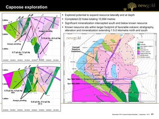 Capoose exploration
                                                                              Explored potential to expand resource laterally and at depth
1,800m                                                                        Completed 22 holes totaling 10,894 metres
                                                                              Significant mineralization intercepted south and below known resource
                                                                              Known resource sits within larger footprint of favorable volcanic stratigraphy,
                                              Assays pending                   alteration and mineralization extending 1.5-2 kilometre north and south
1,600m

                                                  0.15 g/t Au, 24.4 g/t Ag
                                                            74m

     Assays pending
                                                                                      Capoose
1,400m                                                                               Resource
           0.77 g/t Au, 7.2 g/t Ag                                                   GradeShell
                    78m




1,800m




                                                                                 Sxn 5905,700N

1,600m                                                                           Sxn 5905,650N


  0.78 g/t Au, 4.4 g/t Ag
           80m


1,400m
            Assays pending
                                     0.24 g/t Au, 21.5 g/t Ag
                                              25 m




                                                                                                                         Blackwater PEA Investor/Analyst Breakfast | September 2012   40 40
 