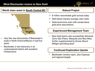 What Blackwater means to New Gold

    World class asset in South Central BC                       Robust Project

                                                   8 million recoverable gold ounces today
                                                   Well below industry average cash costs
                                                   Solid economics even with conservative
                                                    gold price assumptions
                        Blackwater

                            New Afton                 Experienced Management Team

                                                  •   New Gold teams who successfully delivered
•    Very few new discoveries of Blackwater’s         Cerro San Pedro, Mesquite and New Afton
     scale in North America/Mexico in last five       further supplemented by former Mount
     years                                            Milligan permitting team
•    Blackwater a new discovery in an
     underexplored district with excellent
                                                       Continued Exploration Upside
     infrastructure
                                                  •   Blackwater remains open, plus Capoose
                                                      and regional targets




                                                                     Blackwater PEA Investor/Analyst Breakfast | September 2012   43 43
 