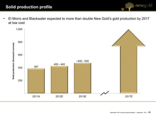 Solid production profile

•    El Morro and Blackwater expected to more than double New Gold’s gold production by 2017
     at low cost
                                           1,000



                                            800
       Gold production (thousand ounces)




                                            600

                                                                       ~450 - 500
                                                           405 - 445
                                            400     387




                                            200




                                                   2011A    2012E        2013E                             2017E




                                                                                    Blackwater PEA Investor/Analyst Breakfast | September 2012   46 46
 