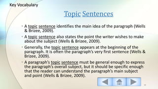 Topic Sentences
• A topic sentence identifies the main idea of the paragraph (Wells
& Brizee, 2009).
• A topic sentence also states the point the writer wishes to make
about the subject (Wells & Brizee, 2009).
• Generally, the topic sentence appears at the beginning of the
paragraph. It is often the paragraph’s very first sentence (Wells &
Brizee, 2009).
• A paragraph’s topic sentence must be general enough to express
the paragraph’s overall subject, but it should be specific enough
that the reader can understand the paragraph’s main subject
and point (Wells & Brizee, 2009).
12
Key Vocabulary
 