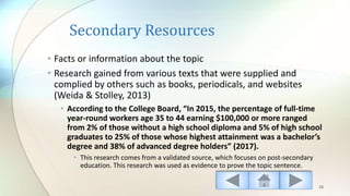Secondary Resources
• Facts or information about the topic
• Research gained from various texts that were supplied and
complied by others such as books, periodicals, and websites
(Weida & Stolley, 2013)
• According to the College Board, “In 2015, the percentage of full-time
year-round workers age 35 to 44 earning $100,000 or more ranged
from 2% of those without a high school diploma and 5% of high school
graduates to 25% of those whose highest attainment was a bachelor’s
degree and 38% of advanced degree holders” (2017).
• This research comes from a validated source, which focuses on post-secondary
education. This research was used as evidence to prove the topic sentence.
28
 