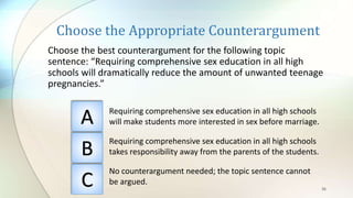 Choose the Appropriate Counterargument
Choose the best counterargument for the following topic
sentence: “Requiring comprehensive sex education in all high
schools will dramatically reduce the amount of unwanted teenage
pregnancies.”
36
A
B
C
Requiring comprehensive sex education in all high schools
will make students more interested in sex before marriage.
Requiring comprehensive sex education in all high schools
takes responsibility away from the parents of the students.
No counterargument needed; the topic sentence cannot
be argued.
 