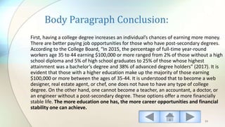 Body Paragraph Conclusion:
First, having a college degree increases an individual’s chances of earning more money.
There are better paying job opportunities for those who have post-secondary degrees.
According to the College Board, “In 2015, the percentage of full-time year-round
workers age 35 to 44 earning $100,000 or more ranged from 2% of those without a high
school diploma and 5% of high school graduates to 25% of those whose highest
attainment was a bachelor’s degree and 38% of advanced degree holders” (2017). It is
evident that those with a higher education make up the majority of those earning
$100,000 or more between the ages of 35-44. It is understood that to become a web
designer, real estate agent, or chef, one does not have to have any type of college
degree. On the other hand, one cannot become a teacher, an accountant, a doctor, or
an engineer without a post-secondary degree. These options offer a more financially
stable life. The more education one has, the more career opportunities and financial
stability one can achieve.
53
 