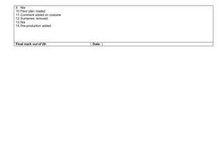 9. N/a
10.Floor plan rotated
11.Comment added on costume
12.Surnames removed
13.N/a
14.Pre-production added
Final mark out of 20: Date:
 