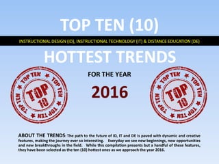 INSTRUCTIONAL DESIGN (ID), INSTRUCTIONAL TECHNOLOGY (IT) & DISTANCE EDUCATION (DE)
TOP TEN (10)
FOR THE YEAR
2016
HOTTEST TRENDS
ABOUT THE TRENDS: The path to the future of ID, IT and DE is paved with dynamic and creative
features, making the journey ever so interesting. Everyday we see new beginnings, new opportunities
and new breakthroughs in the field. While this compilation presents but a handful of these features,
they have been selected as the ten (10) hottest ones as we approach the year 2016.
 