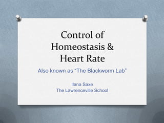 Control of
    Homeostasis &
     Heart Rate
Also known as “The Blackworm Lab”

            Ilana Saxe
      The Lawrenceville School
 