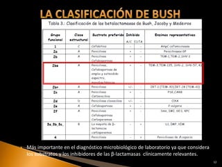    Más importante en el diagnóstico microbiológico de laboratorio ya que considera
    los substratos y los inhibidores de las β-lactamasas clínicamente relevantes.
                                                                                      12
 