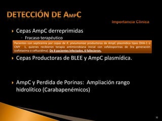     Cepas AmpC derreprimidas
        ◦ Fracaso terapéutico
    Pacientes con septicemia por cepas de K. pneumoniae productoras de AmpC plasmídica tipos DHA-1 o
    CMY 1, quienes recibieron terapia antimicrobiana inicial con cefalosporinas de 3ra generación
    (cefotaxima o ceftazidima). De 8 pacientes infectados, 6 fallecieron.

    Cepas Productoras de BLEE y AmpC plasmídica.



    AmpC y Perdida de Porinas: Ampliación rango
     hidrolítico (Carabapenémicos)



                                                                                                       32
 