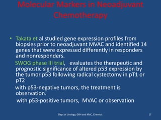 Molecular Markers in Neoadjuvant
Chemotherapy
• Takata et al studied gene expression profiles from
biopsies prior to neoadjuvant MVAC and identified 14
genes that were expressed differently in responders
and nonresponders.
SWOG phase III trial, evaluates the therapeutic and
prognostic significance of altered p53 expression by
the tumor p53 following radical cystectomy in pT1 or
pT2
with p53-negative tumors, the treatment is
observation.
with p53-positive tumors, MVAC or observation
17
Dept of Urology, GRH and KMC, Chennai.
 
