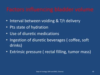 Factors influencing bladder volume
• Interval between voiding & T/t delivery
• Pts state of hydration
• Use of diuretic medications
• Ingestion of diuretic beverages ( coffee, soft
drinks)
• Extrinsic pressure ( rectal filling, tumor mass)
49
Dept of Urology, GRH and KMC, Chennai.
 