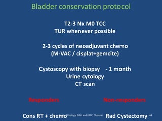 Bladder conservation protocol
T2-3 Nx M0 TCC
TUR whenever possible
2-3 cycles of neoadjuvant chemo
(M-VAC / cisplat+gemcite)
Cystoscopy with biopsy - 1 month
Urine cytology
CT scan
Responders Non-responders
Cons RT + chemo Rad Cystectomy 64
Dept of Urology, GRH and KMC, Chennai.
 
