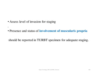 • Assess level of invasion for staging
.
• Presence and status of involvement of muscularis propria
should be reported in TURBT specimen for adequate staging.
100
Dept of Urology, GRH and KMC, Chennai.
 