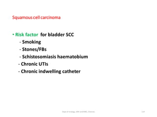 Squamouscell carcinoma
• Risk factor for bladder SCC
- Smoking
- Stones/FBs
- Schistosomiasis haematobium
- Chronic UTIs
- Chronic indwelling catheter
114
Dept of Urology, GRH and KMC, Chennai.
 
