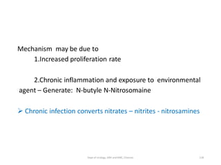 Mechanism may be due to
1.Increased proliferation rate
2.Chronic inflammation and exposure to environmental
agent – Generate: N-butyle N-Nitrosomaine
 Chronic infection converts nitrates – nitrites - nitrosamines
118
Dept of Urology, GRH and KMC, Chennai.
 