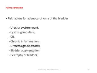 Adenocarcinoma
• Risk factors for adenocarcinoma of the bladder
- Urachal cyst/remnant,
- Cystitis glandularis,
- CIS,
- Chronic inflammation,
- Ureterosigmoidostomy,
- Bladder augmentation
- Exstrophy of bladder.
122
Dept of Urology, GRH and KMC, Chennai.
 