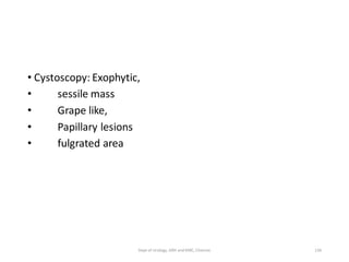 • Cystoscopy: Exophytic,
• sessile mass
• Grape like,
• Papillary lesions
• fulgrated area
136
Dept of Urology, GRH and KMC, Chennai.
 
