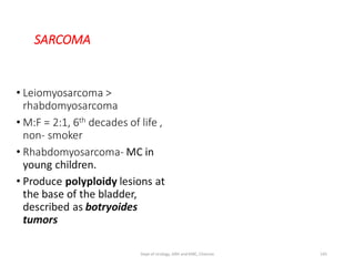 SARCOMA
• Leiomyosarcoma >
rhabdomyosarcoma
• M:F = 2:1, 6th decades of life ,
non- smoker
• Rhabdomyosarcoma- MC in
young children.
• Produce polyploidy lesions at
the base of the bladder,
described as botryoides
tumors
145
Dept of Urology, GRH and KMC, Chennai.
 
