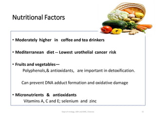 Nutritional Factors
• Moderately higher in coffee and tea drinkers
• Mediterranean diet -- Lowest urothelial cancer risk
• Fruits and vegetables—
Polyphenols,& antioxidants, are important in detoxification.
Can prevent DNA adduct formation and oxidative damage
• Micronutrients & antioxidants
Vitamins A, C and E; selenium and zinc
15
Dept of Urology, GRH and KMC, Chennai.
 