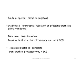 • Route of spread- Direct or pagetoid
• Diagnosis : Transurethral resection of prostatic urethra is
primary method
• Treatment : Non invasive-
• Transurethral resection of prostatic urethra + BCG
• Prostatic ductal ca- complete
transurethral prostatectomy + BCG
155
Dept of Urology, GRH and KMC, Chennai.
 