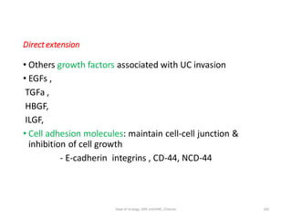 Directextension
• Others growth factors associated with UC invasion
• EGFs ,
TGFa ,
HBGF,
ILGF,
• Cell adhesion molecules: maintain cell-cell junction &
inhibition of cell growth
- E-cadherin integrins , CD-44, NCD-44
160
Dept of Urology, GRH and KMC, Chennai.
 