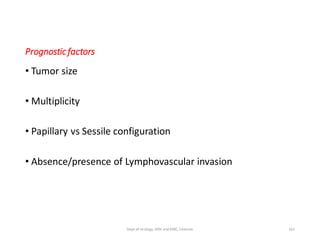 Prognosticfactors
• Tumor size
• Multiplicity
• Papillary vs Sessile configuration
• Absence/presence of Lymphovascular invasion
162
Dept of Urology, GRH and KMC, Chennai.
 