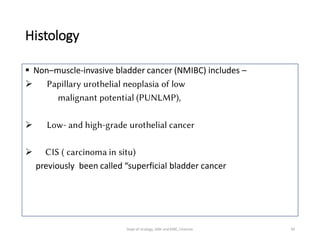 Histology
 Non–muscle-invasive bladder cancer (NMIBC) includes –
 Papillary urothelial neoplasia of low
malignant potential (PUNLMP),
 Low- and high-grade urothelial cancer
 CIS ( carcinoma in situ)
previously been called “superficial bladder cancer
39
Dept of Urology, GRH and KMC, Chennai.
 
