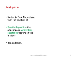 Leukoplakia
• Similar to Squ. Metaplasia
with the addition of
• Keratin deposition that
appears as a white flaky
substance floating in the
bladder
• Benign lesion,
53
Dept of Urology, GRH and KMC, Chennai.
 