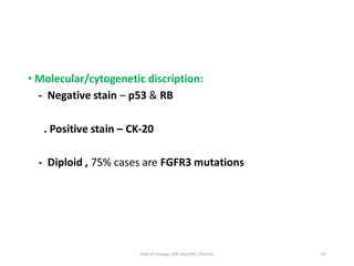 • Molecular/cytogenetic discription:
- Negative stain – p53 & RB
. Positive stain – CK-20
- Diploid , 75% cases are FGFR3 mutations
67
Dept of Urology, GRH and KMC, Chennai.
 