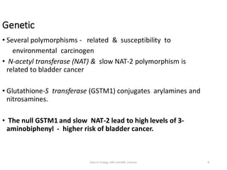 Genetic
• Several polymorphisms - related & susceptibility to
environmental carcinogen
• N-acetyl transferase (NAT) & slow NAT-2 polymorphism is
related to bladder cancer
• Glutathione-S transferase (GSTM1) conjugates arylamines and
nitrosamines.
• The null GSTM1 and slow NAT-2 lead to high levels of 3-
aminobiphenyl - higher risk of bladder cancer.
8
Dept of Urology, GRH and KMC, Chennai.
 