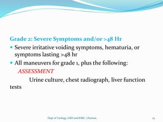 Grade 2: Severe Symptoms and/or >48 Hr
 Severe irritative voiding symptoms, hematuria, or
symptoms lasting >48 hr
 All maneuvers for grade 1, plus the following:
ASSESSMENT
Urine culture, chest radiograph, liver function
tests
25
Dept of Urology, GRH and KMC, Chennai.
 