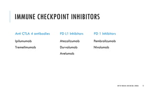 IMMUNE CHECKPOINT INHIBITORS
Anti CTLA 4 antibodies
Ipilumumab
Tremelimumab
PD L1 Inhibitors
Atezolizumab
Durvalumab
Avelumab
PD 1 Inhibitors
Pembrolizumab
Nivolumab
72
DEPT OF UROLOGY, GRH AND KMC, CHENNAI.
 