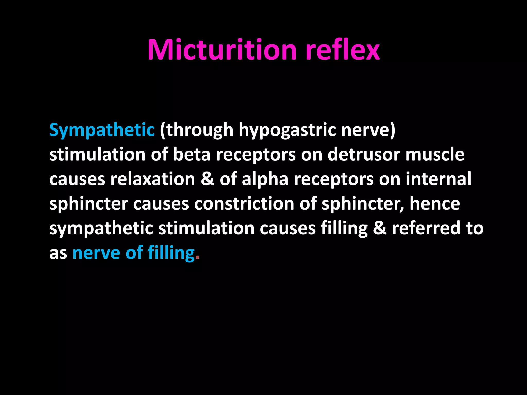 Micturition reflex

Sympathetic (through hypogastric nerve)
stimulation of beta receptors on detrusor muscle
causes relaxation & of alpha receptors on internal
sphincter causes constriction of sphincter, hence
sympathetic stimulation causes filling & referred to
as nerve of filling.
 