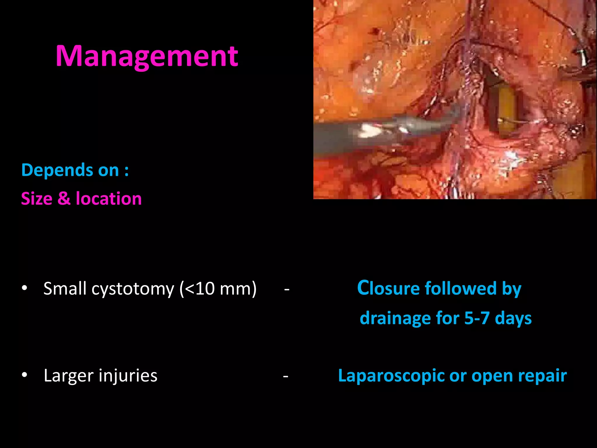 Management

    Intra-operative bladder injury
Depends on :
Size & location



• Small cystotomy (<10 mm)           -     Closure followed by
                                           drainage for 5-7 days

• Larger injuries                    -   Laparoscopic or open repair
 